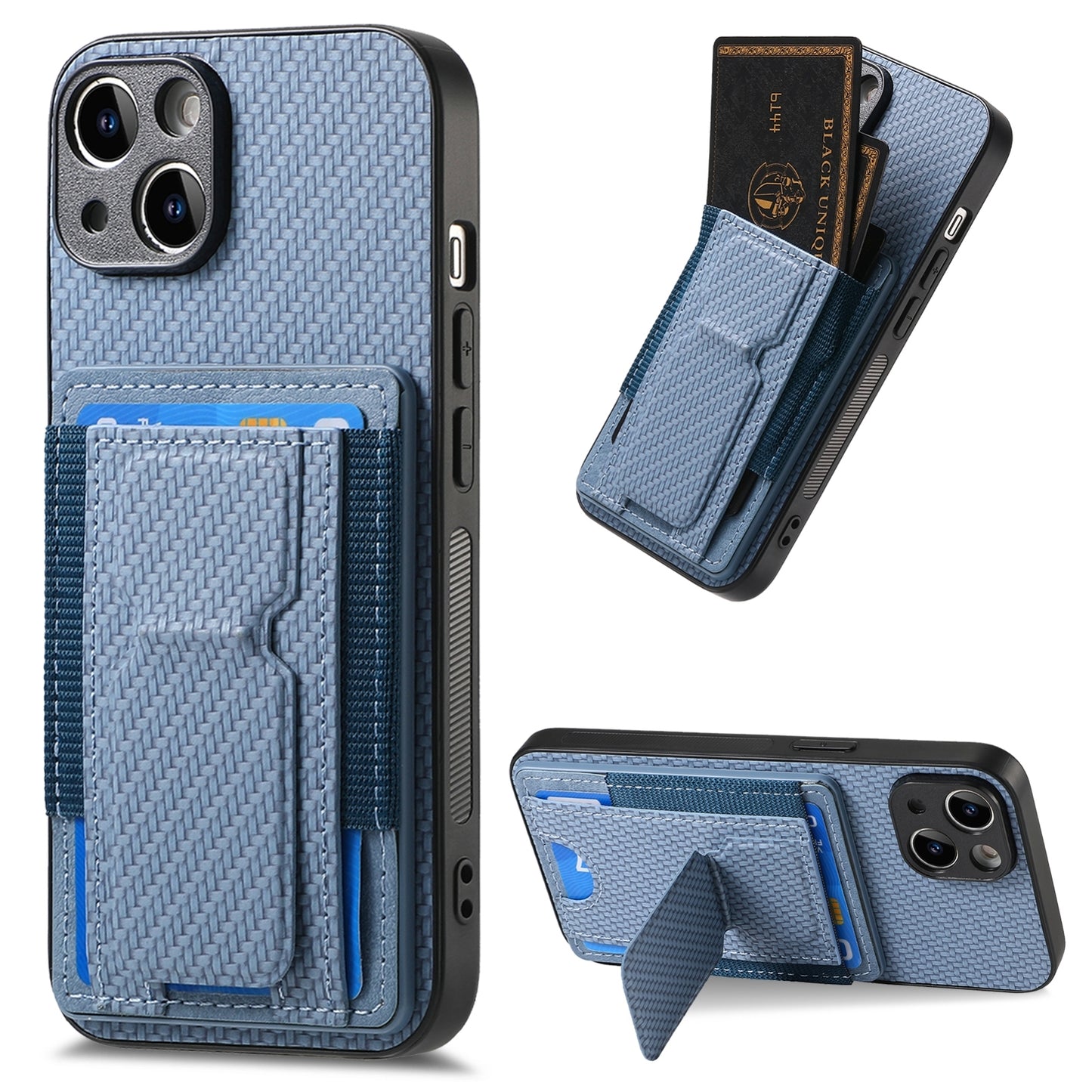 iPhone 14 Plus Carbon Fiber Fold Stand Elastic Card Bag Phone Case with Multi-Functional Wallet