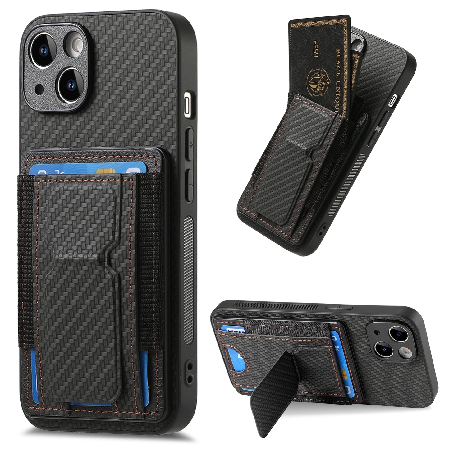 iPhone 14 Plus Carbon Fiber Fold Stand Elastic Card Bag Phone Case with Multi-Functional Wallet