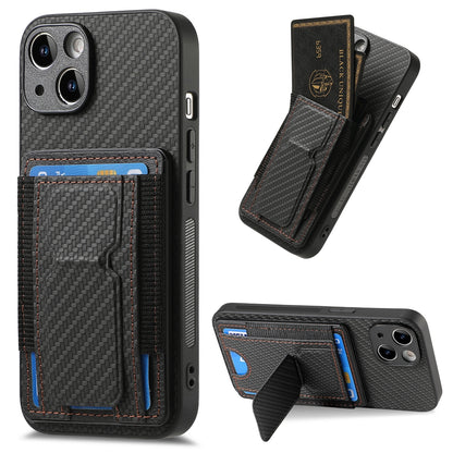iPhone 14 Plus Carbon Fiber Fold Stand Elastic Card Bag Phone Case with Multi-Functional Wallet