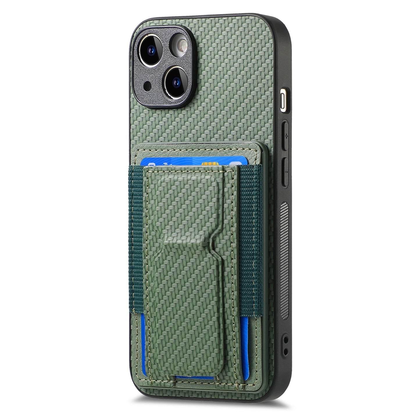 iPhone 14 Plus Carbon Fiber Fold Stand Elastic Card Bag Phone Case with Multi-Functional Wallet