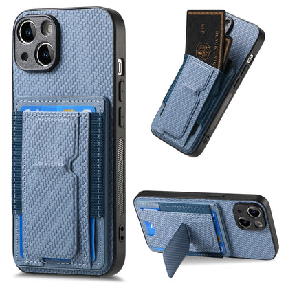 iPhone 14 Carbon Fiber Fold Stand Elastic Card Bag Phone Case with Multi-Functional Wallet