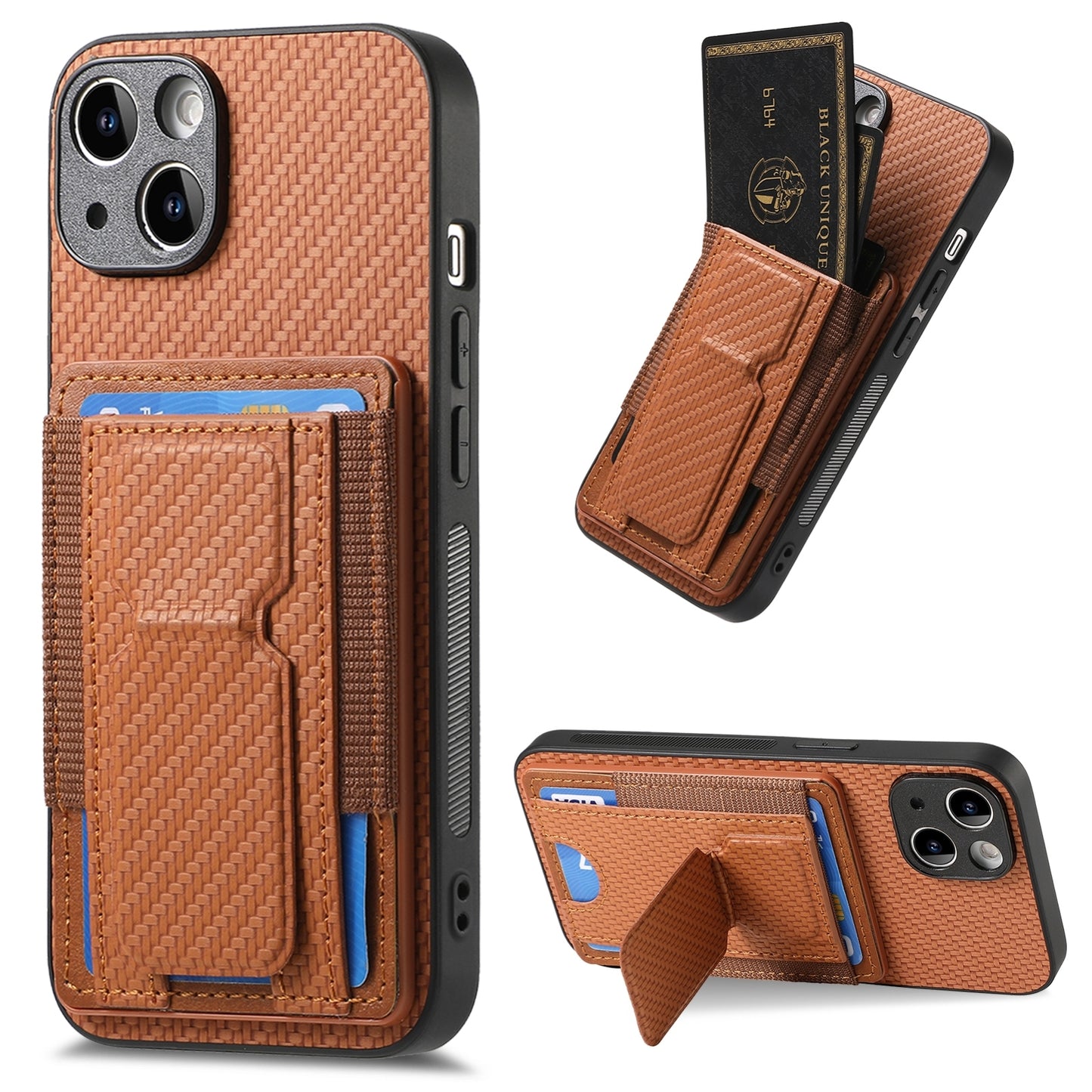 iPhone 14 Carbon Fiber Fold Stand Elastic Card Bag Phone Case with Multi-Functional Wallet