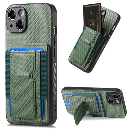 iPhone 14 Carbon Fiber Fold Stand Elastic Card Bag Phone Case with Multi-Functional Wallet