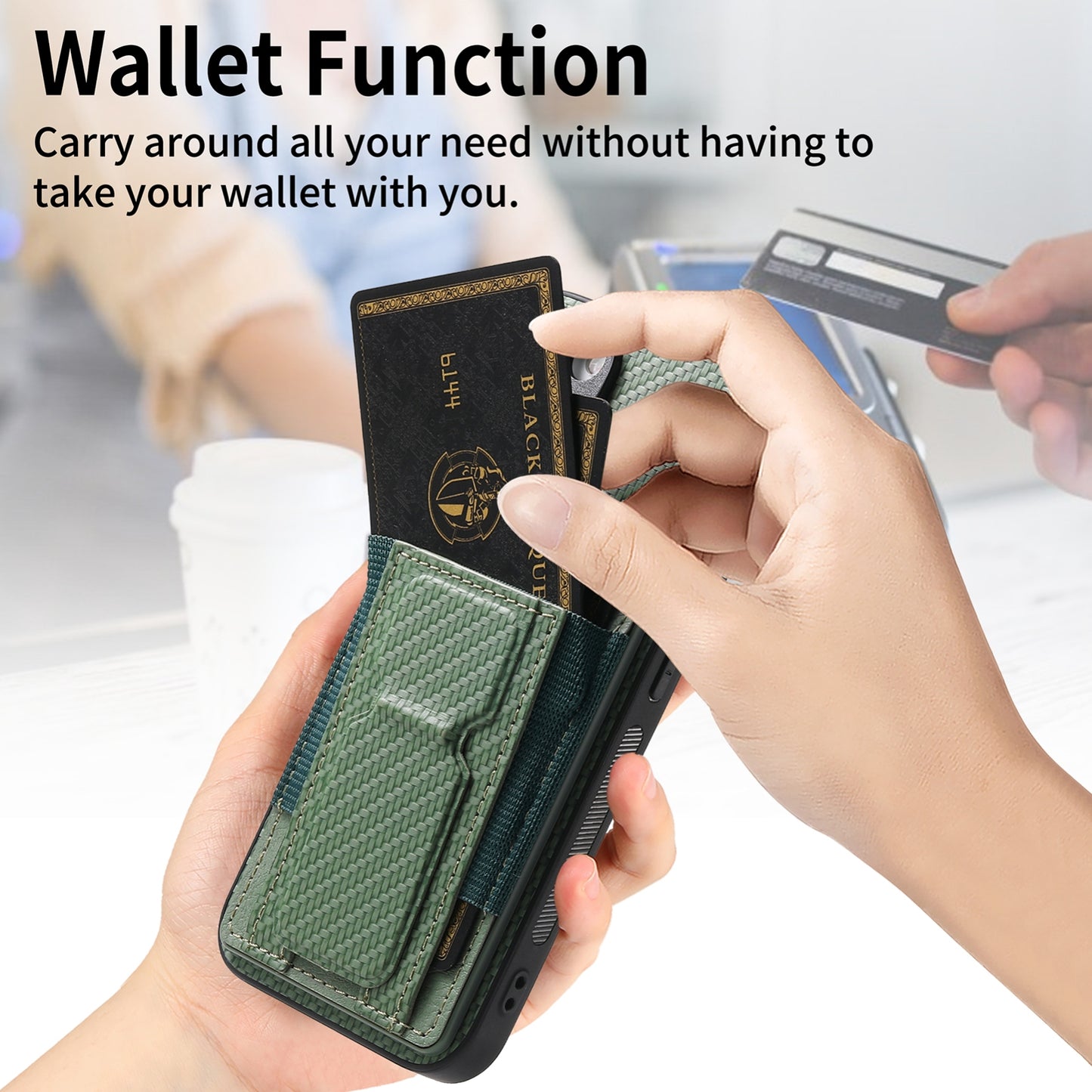 iPhone 14 Carbon Fiber Fold Stand Elastic Card Bag Phone Case with Multi-Functional Wallet