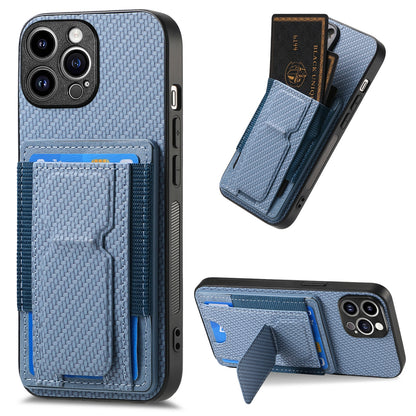 iPhone 14 Pro Max Carbon Fiber Fold Stand Elastic Card Bag Phone Case with Multi-Functional Wallet