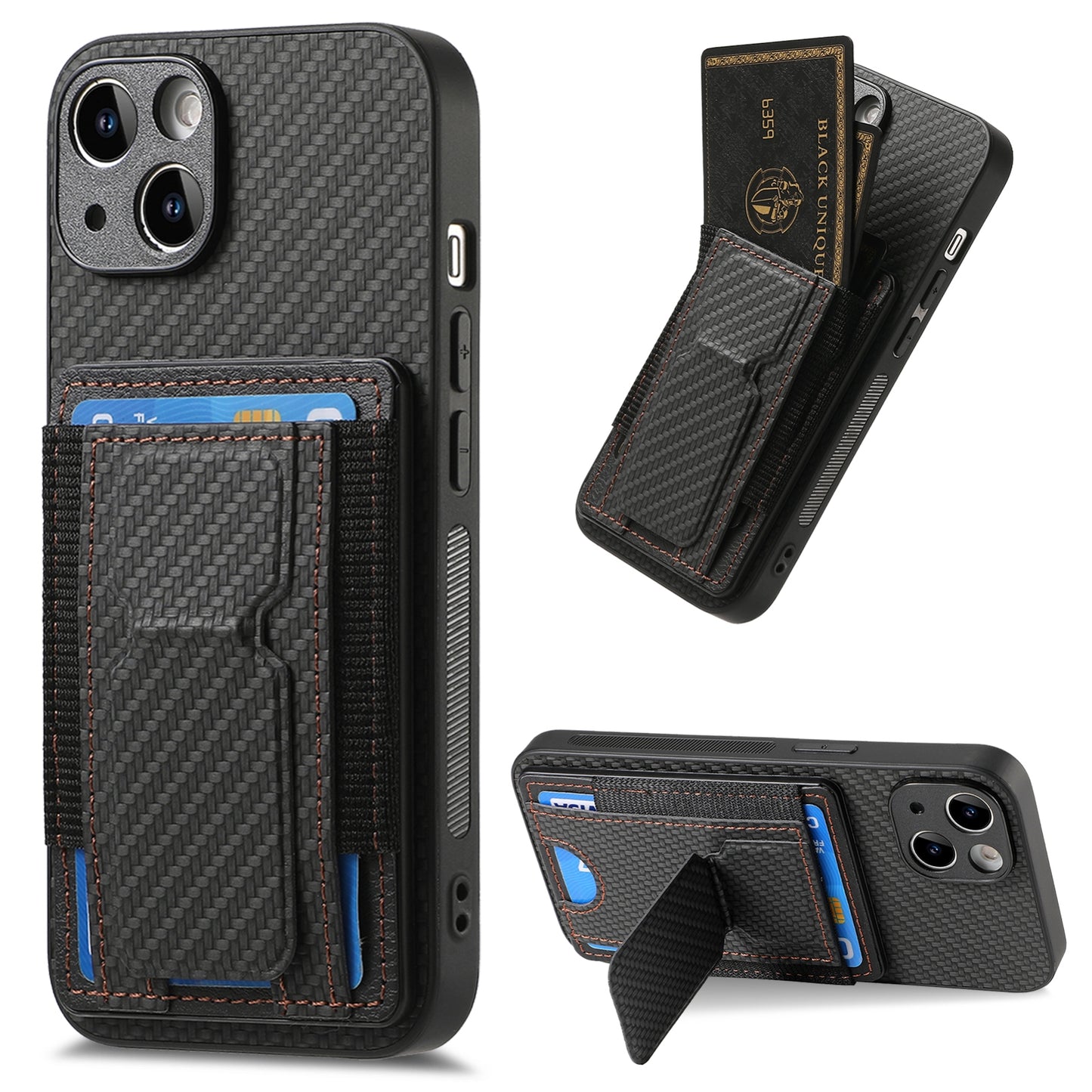 iPhone 14 Pro Max Carbon Fiber Fold Stand Elastic Card Bag Phone Case with Multi-Functional Wallet