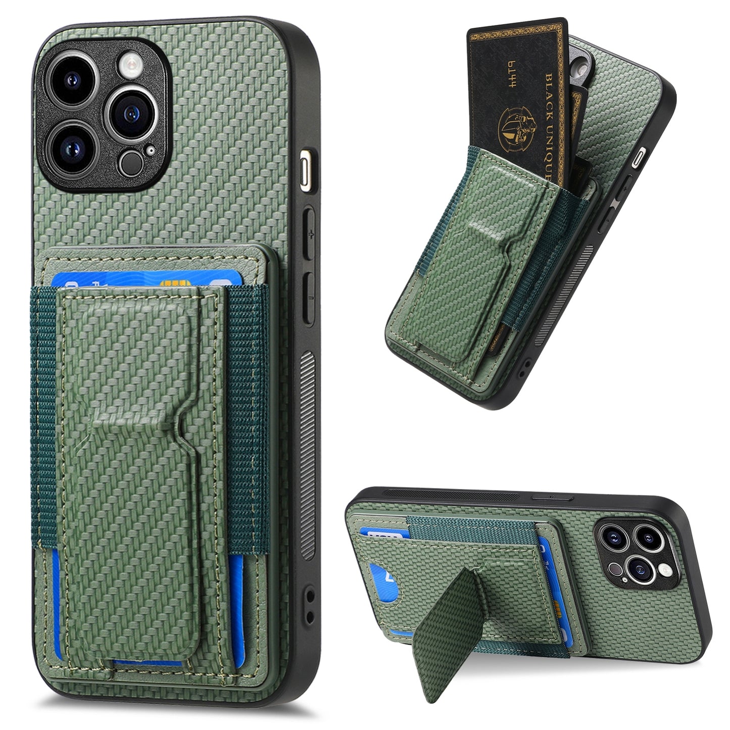 iPhone 14 Pro Max Carbon Fiber Fold Stand Elastic Card Bag Phone Case with Multi-Functional Wallet