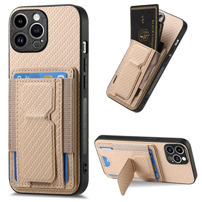 iPhone 13 Pro Max Carbon Fiber Fold Stand Elastic Card Bag Phone Case with Multi-Functional Wallet