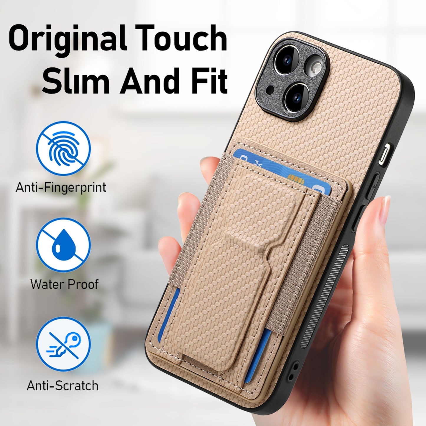 iPhone 13 Pro Max Carbon Fiber Fold Stand Elastic Card Bag Phone Case with Multi-Functional Wallet