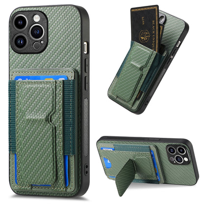 iPhone 13 Pro Max Carbon Fiber Fold Stand Elastic Card Bag Phone Case with Multi-Functional Wallet