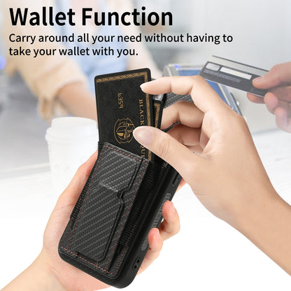 iPhone 13 Carbon Fiber Fold Stand Elastic Card Bag Phone Case with Multi-Functional Wallet