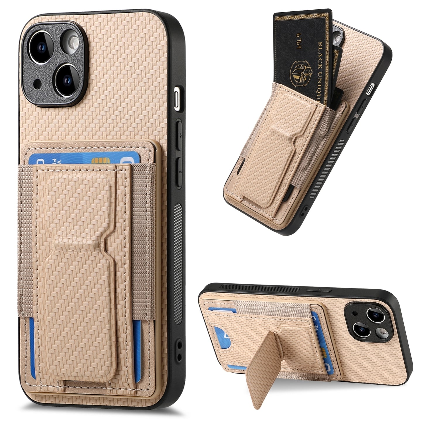 iPhone 13 Carbon Fiber Fold Stand Elastic Card Bag Phone Case with Multi-Functional Wallet