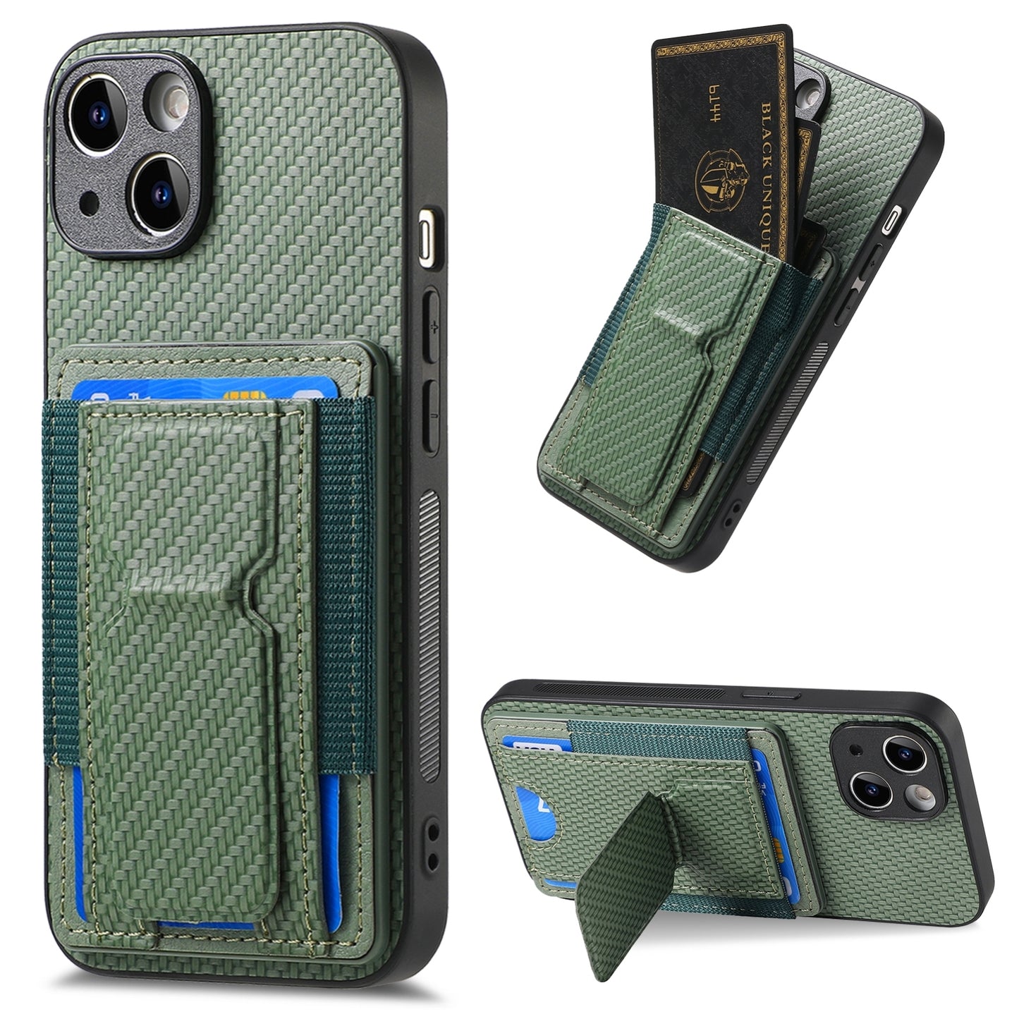iPhone 13 Carbon Fiber Fold Stand Elastic Card Bag Phone Case with Multi-Functional Wallet