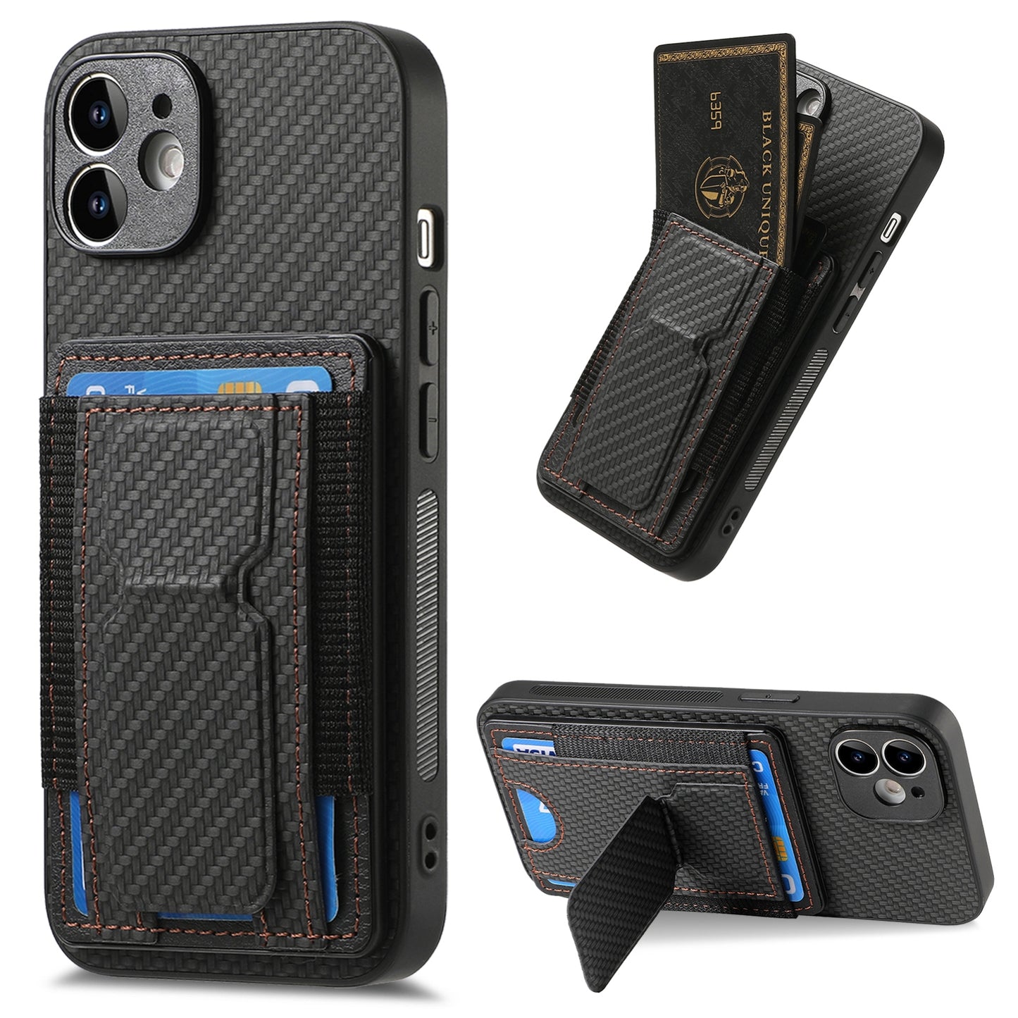 iPhone 12 Carbon Fiber Fold Stand Elastic Card Bag Phone Case with Multi-Functional Wallet
