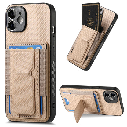 iPhone 12 Carbon Fiber Fold Stand Elastic Card Bag Phone Case with Multi-Functional Wallet