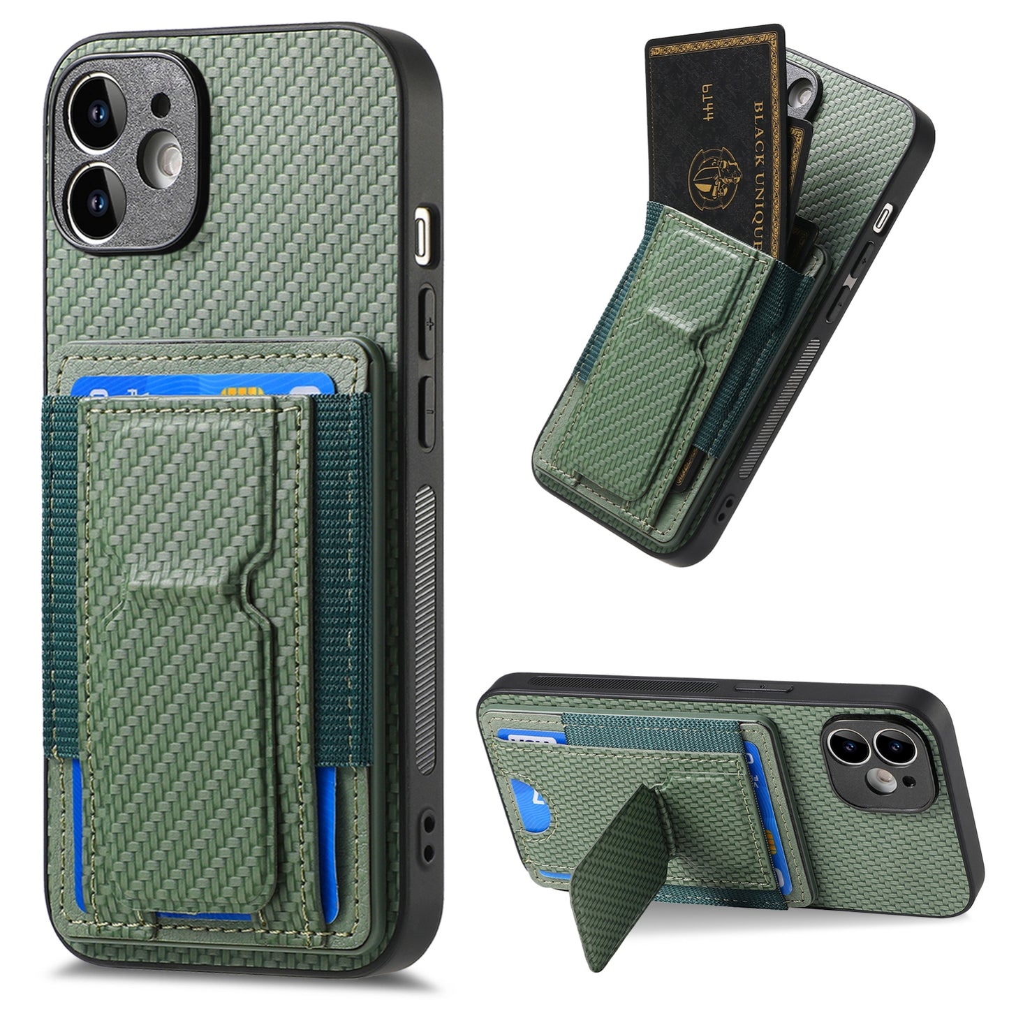 iPhone 12 Carbon Fiber Fold Stand Elastic Card Bag Phone Case with Multi-Functional Wallet