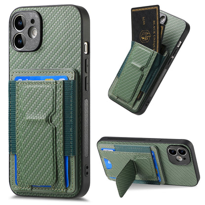 iPhone 12 Carbon Fiber Fold Stand Elastic Card Bag Phone Case with Multi-Functional Wallet