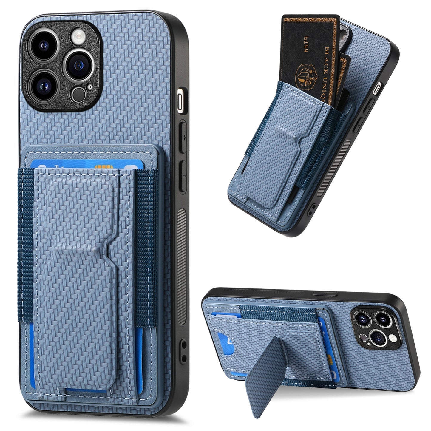 iPhone 12 Pro Max Carbon Fiber Fold Stand Elastic Card Bag Phone Case with Multi-Functional Wallet