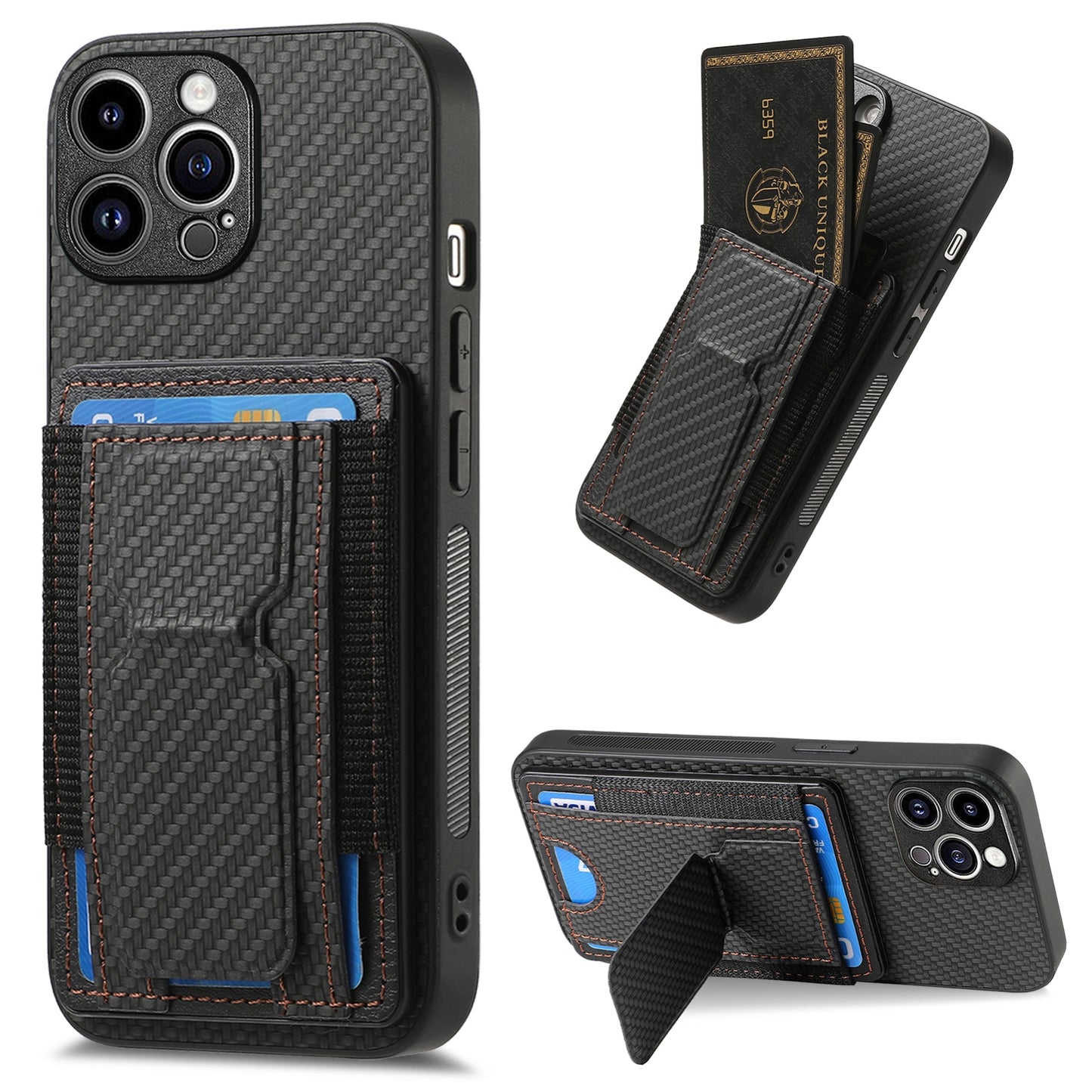 iPhone 12 Pro Max Carbon Fiber Fold Stand Elastic Card Bag Phone Case with Multi-Functional Wallet