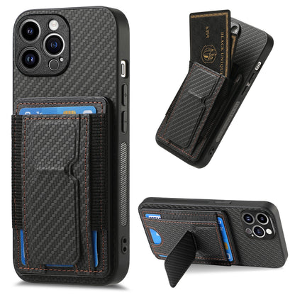 iPhone 12 Pro Max Carbon Fiber Fold Stand Elastic Card Bag Phone Case with Multi-Functional Wallet
