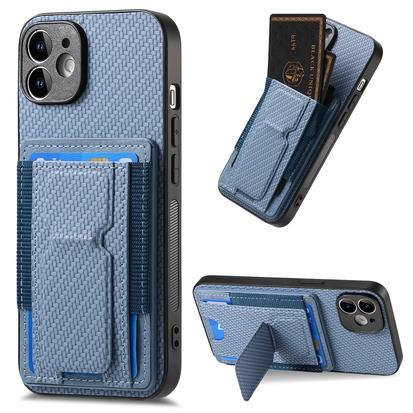iPhone 11 Carbon Fiber Fold Stand Elastic Card Bag Phone Case with Multi-Functional Wallet