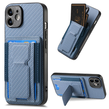 iPhone 11 Carbon Fiber Fold Stand Elastic Card Bag Phone Case with Multi-Functional Wallet
