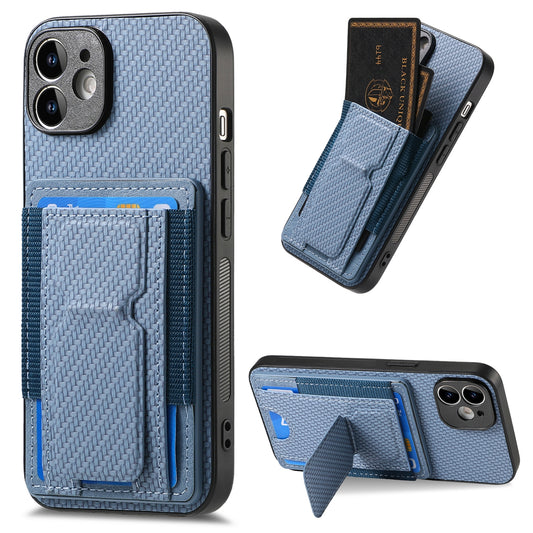 iPhone 11 Carbon Fiber Fold Stand Elastic Card Bag Phone Case with Multi-Functional Wallet
