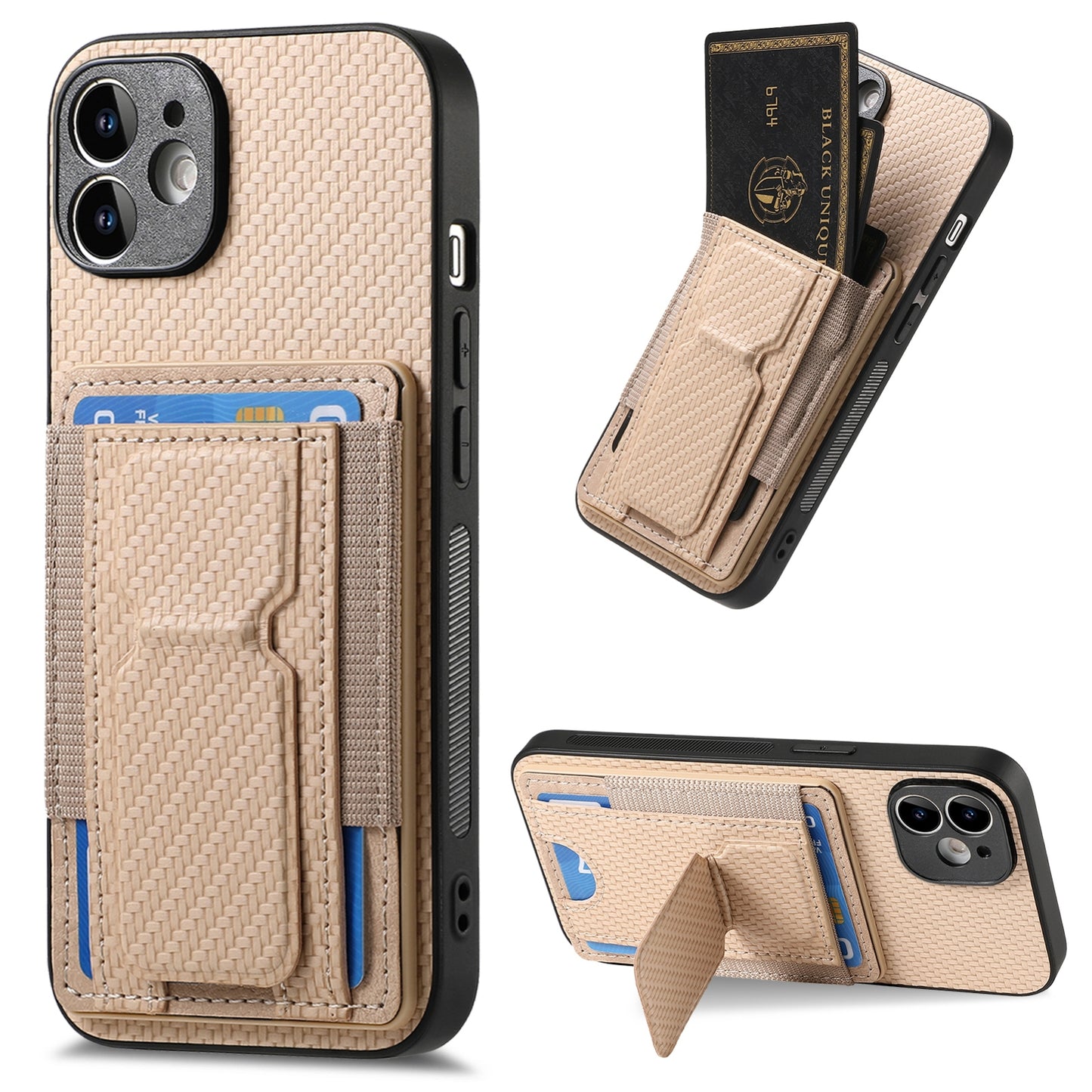 iPhone 11 Carbon Fiber Fold Stand Elastic Card Bag Phone Case with Multi-Functional Wallet