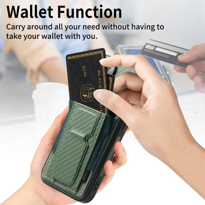 iPhone 11 Carbon Fiber Fold Stand Elastic Card Bag Phone Case with Multi-Functional Wallet