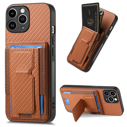 iPhone 11 Pro Carbon Fiber Fold Stand Elastic Card Bag Phone Case with Multi-Functional Wallet