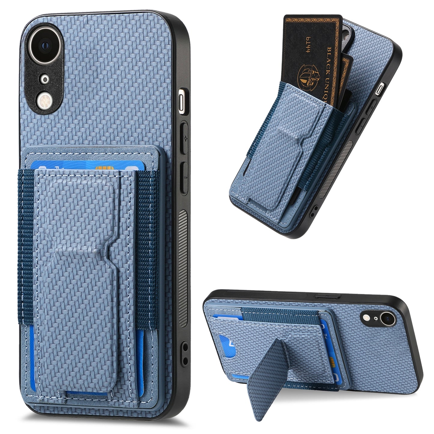 iPhone XR Carbon Fiber Fold Stand Elastic Card Bag Phone Case with Multi-Functional Wallet