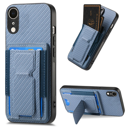 iPhone XR Carbon Fiber Fold Stand Elastic Card Bag Phone Case with Multi-Functional Wallet