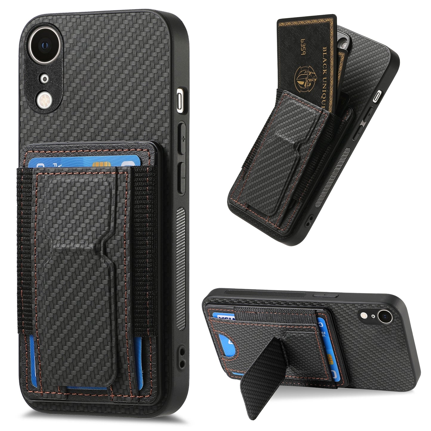 iPhone XR Carbon Fiber Fold Stand Elastic Card Bag Phone Case with Multi-Functional Wallet