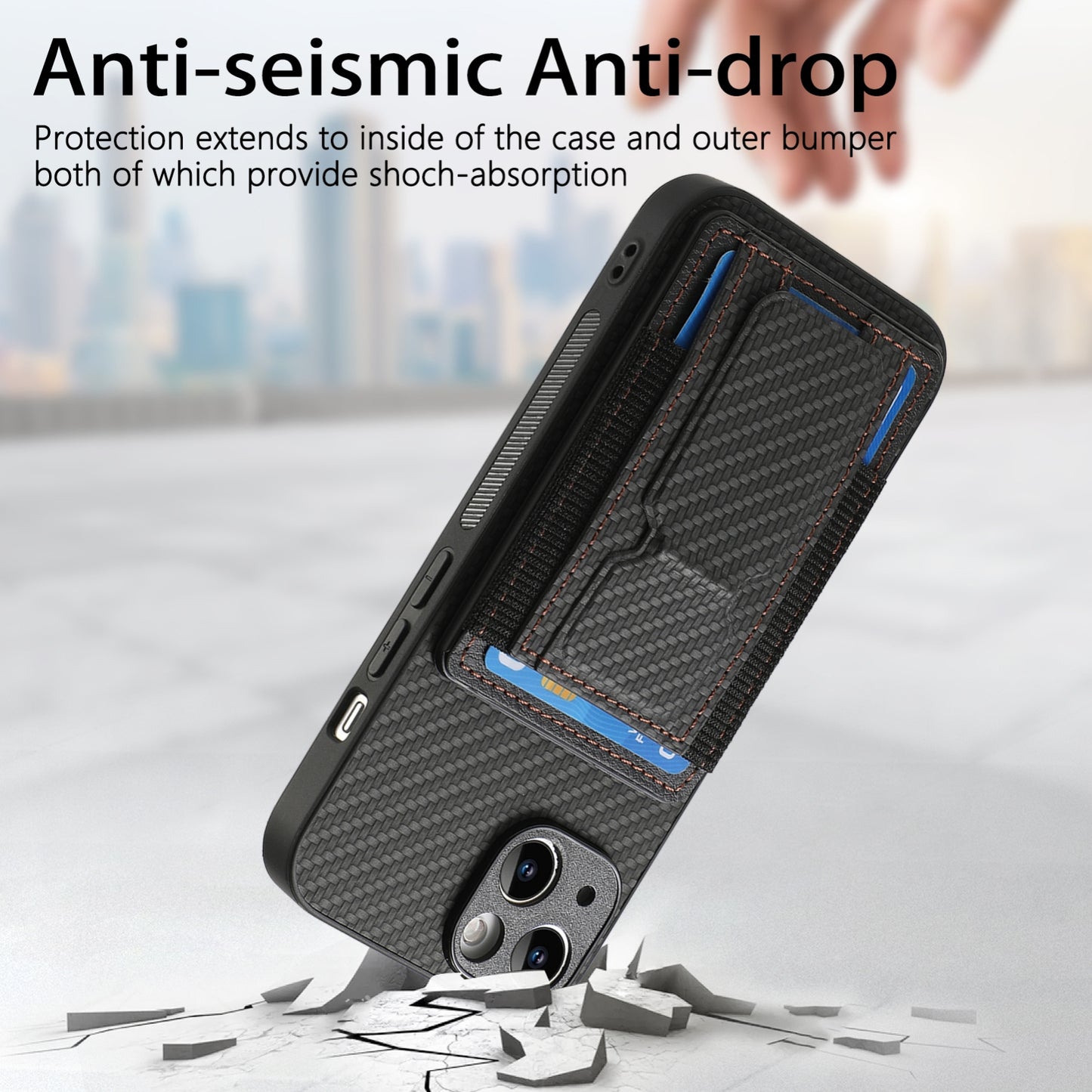 iPhone XR Carbon Fiber Fold Stand Elastic Card Bag Phone Case with Multi-Functional Wallet