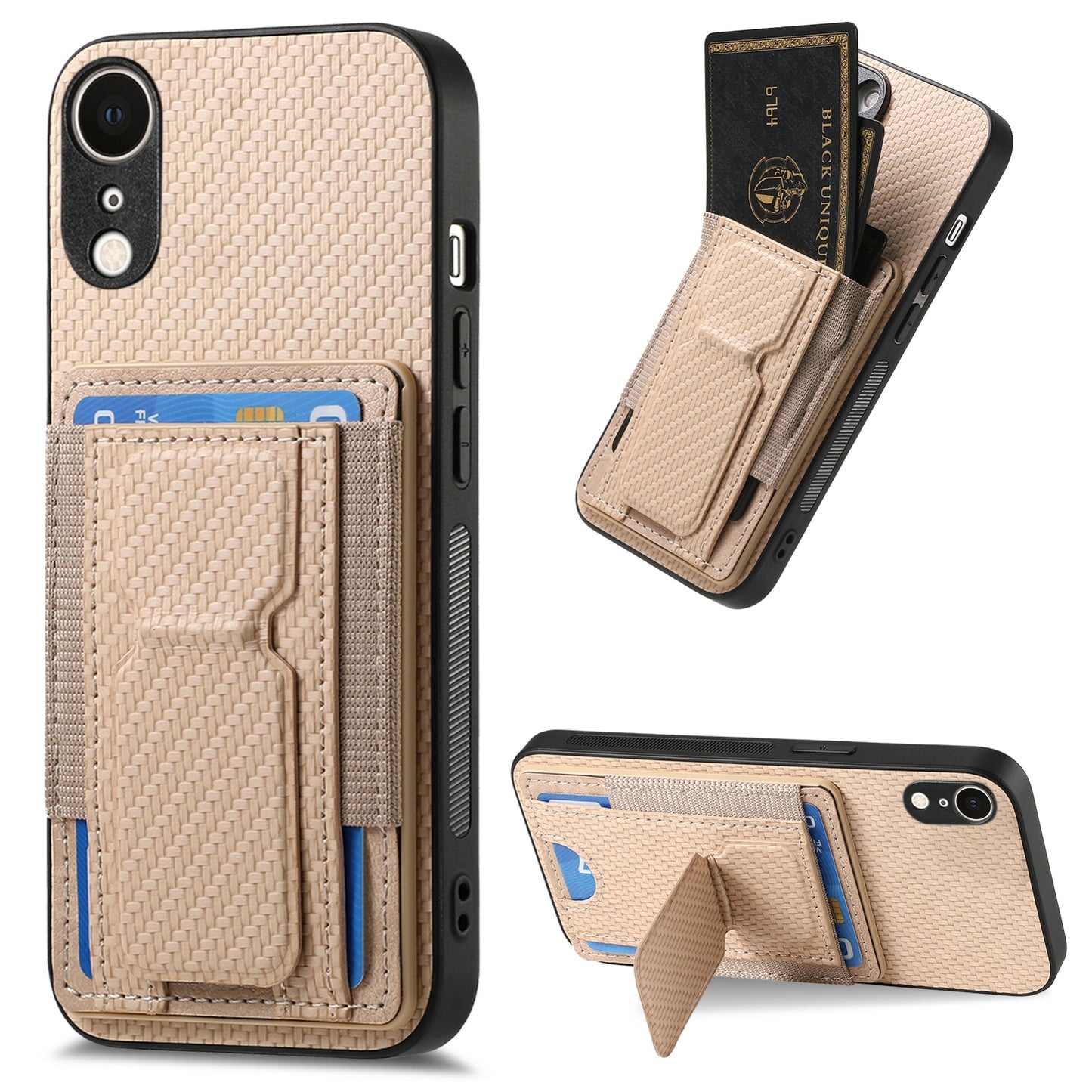 iPhone XR Carbon Fiber Fold Stand Elastic Card Bag Phone Case with Multi-Functional Wallet