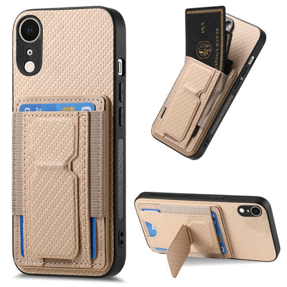 iPhone XR Carbon Fiber Fold Stand Elastic Card Bag Phone Case with Multi-Functional Wallet