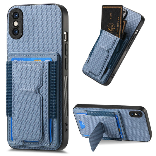 iPhone XS Max Carbon Fiber Fold Stand Elastic Card Bag Phone Case with Multi-Functional Wallet