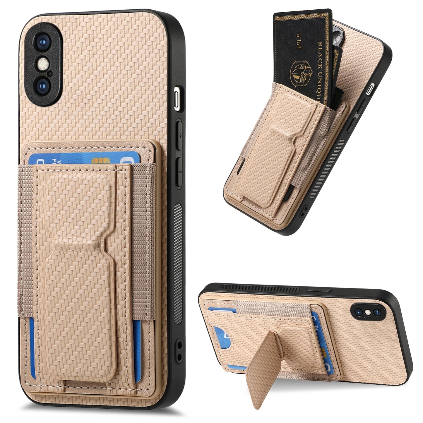 iPhone XS Max Carbon Fiber Fold Stand Elastic Card Bag Phone Case with Multi-Functional Wallet