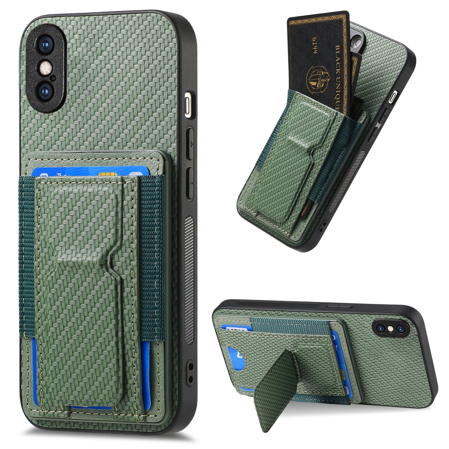 iPhone XS Max Carbon Fiber Fold Stand Elastic Card Bag Phone Case with Multi-Functional Wallet