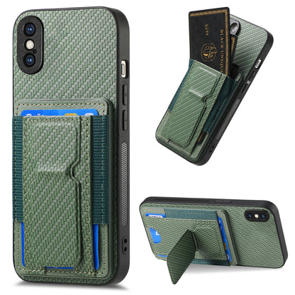 iPhone XS Max Carbon Fiber Fold Stand Elastic Card Bag Phone Case with Multi-Functional Wallet