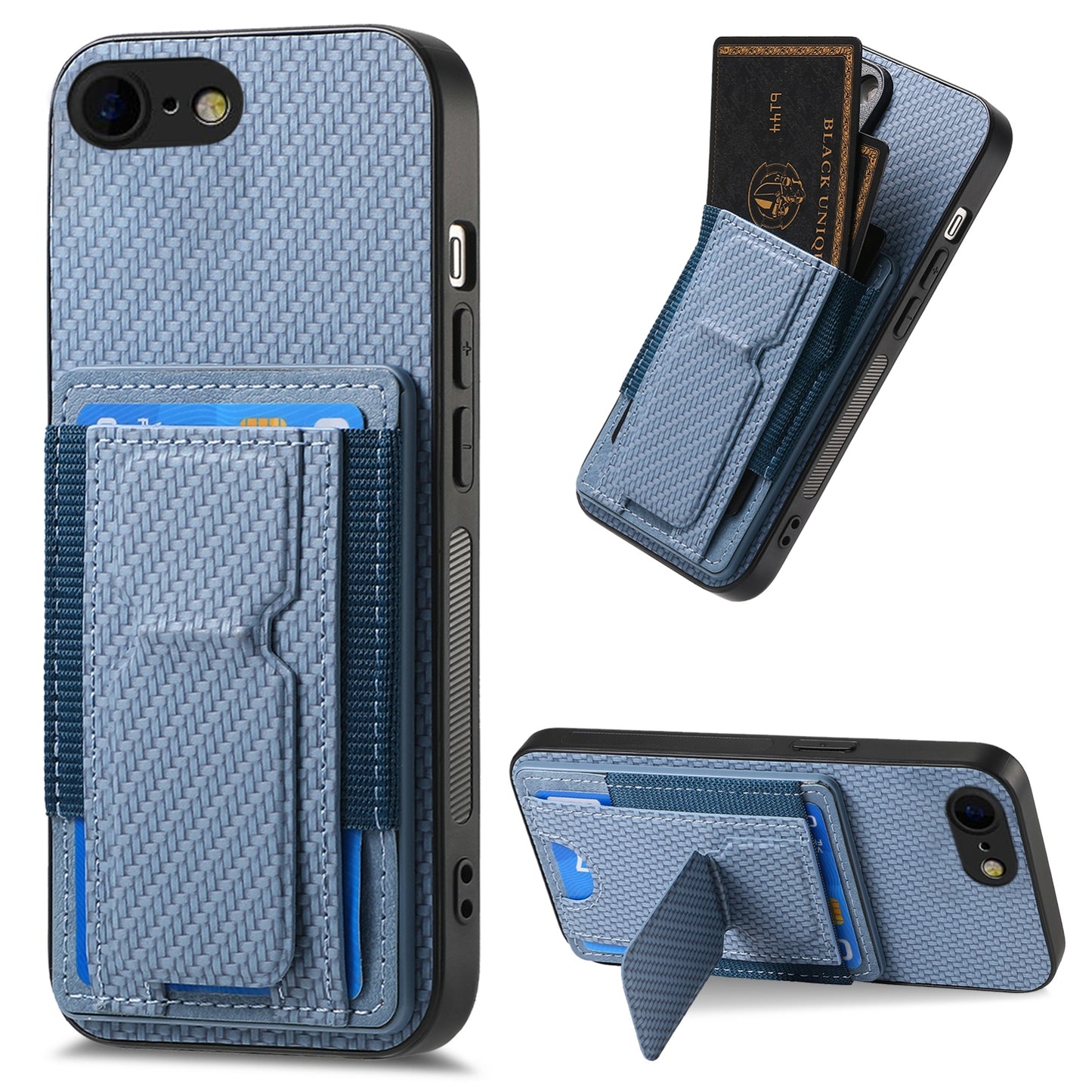 iPhone 7 / 8 / SE 2022 Carbon Fiber Fold Stand Elastic Card Bag Phone Case with Multi-Functional Wallet