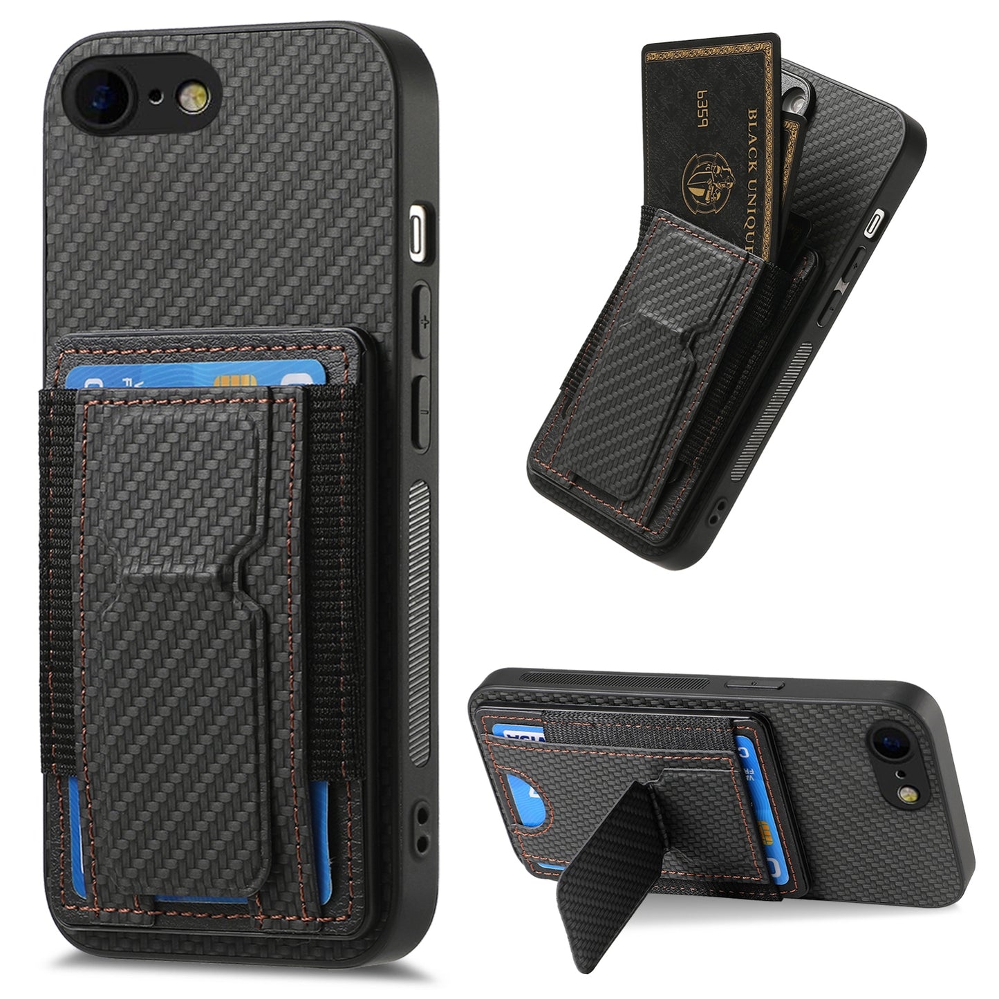 iPhone 7 / 8 / SE 2022 Carbon Fiber Fold Stand Elastic Card Bag Phone Case with Multi-Functional Wallet