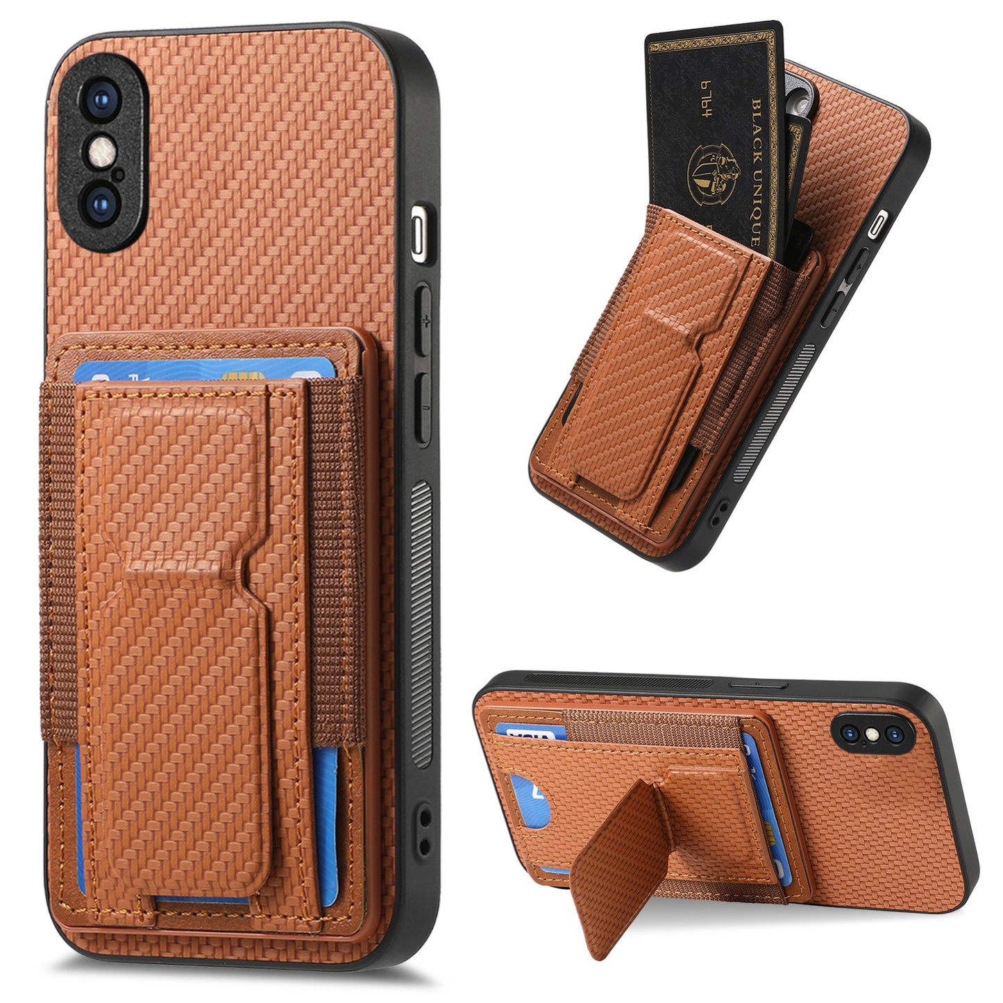 iPhone X / XS Carbon Fiber Fold Stand Elastic Card Bag Phone Case with Multi-Functional Wallet