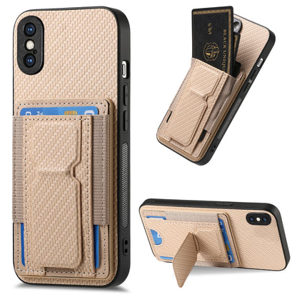 iPhone X / XS Carbon Fiber Fold Stand Elastic Card Bag Phone Case with Multi-Functional Wallet