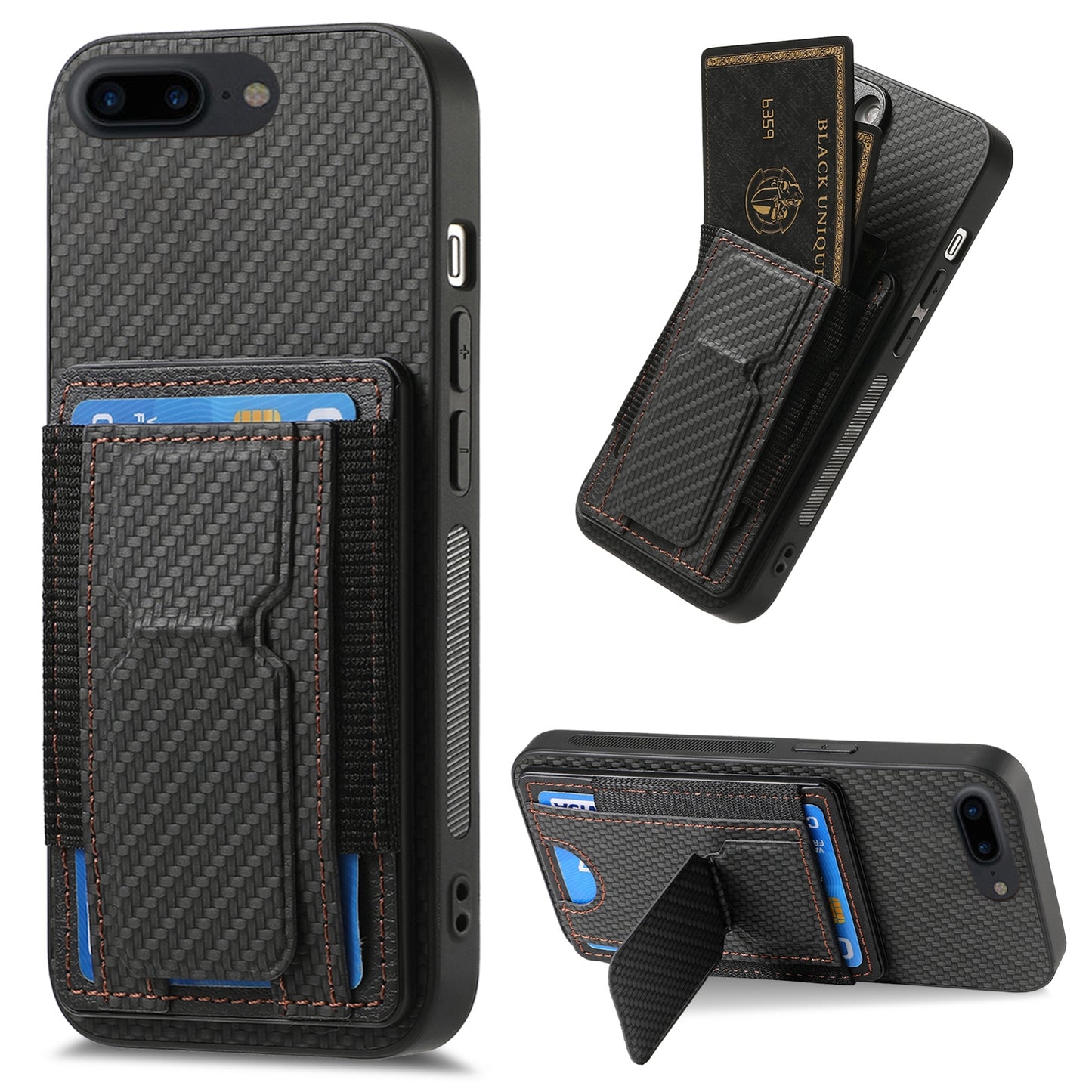 iPhone 7 Plus / 8 Plus Carbon Fiber Fold Stand Elastic Card Bag Phone Case with Multi-Functional Wallet