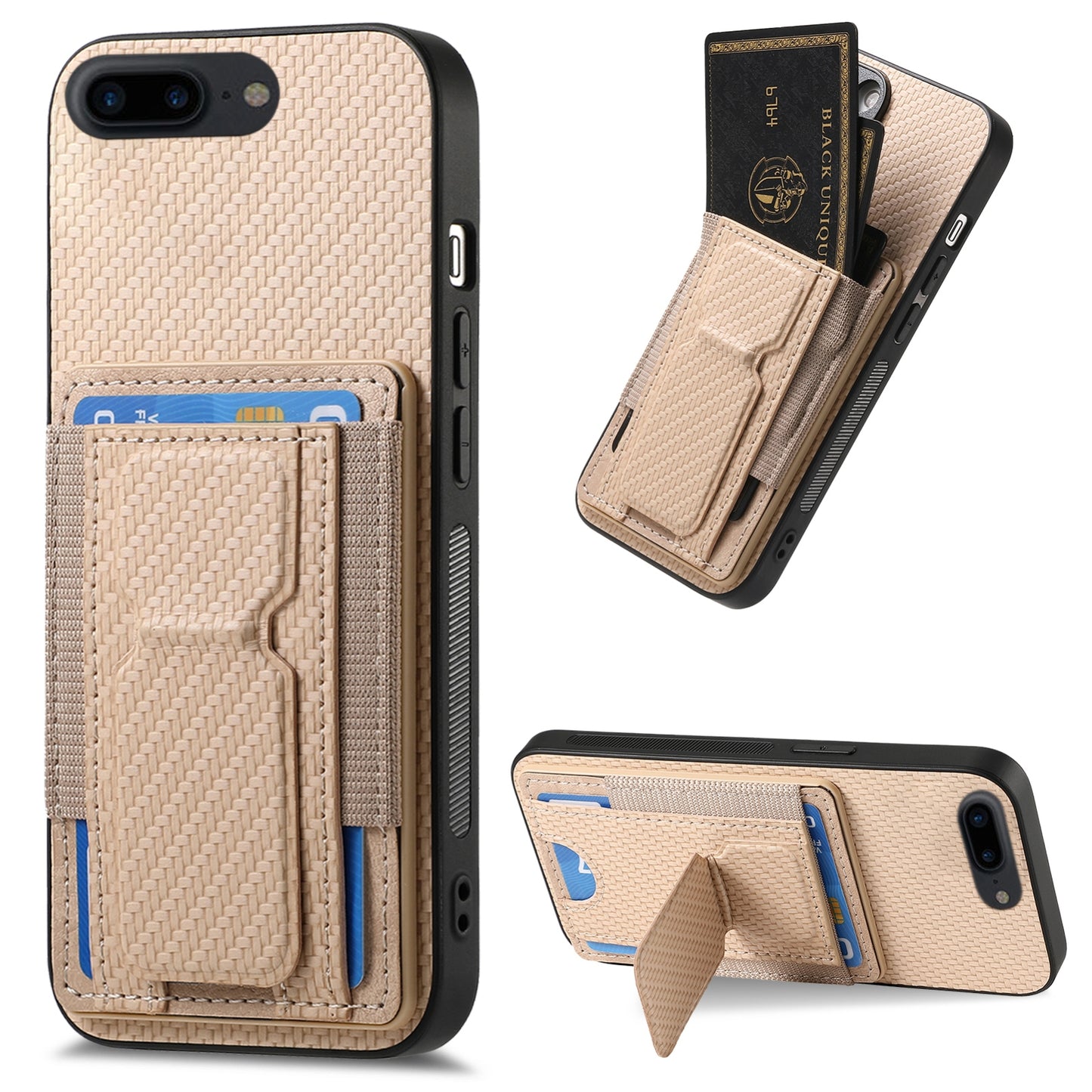 iPhone 7 Plus / 8 Plus Carbon Fiber Fold Stand Elastic Card Bag Phone Case with Multi-Functional Wallet