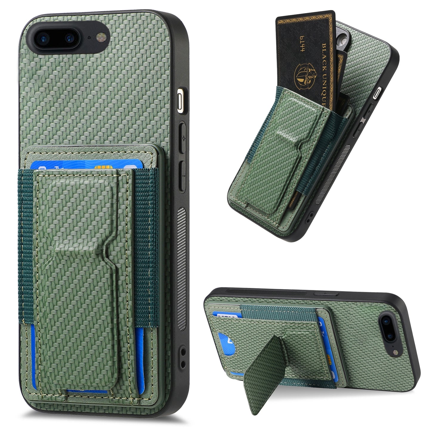 iPhone 7 Plus / 8 Plus Carbon Fiber Fold Stand Elastic Card Bag Phone Case with Multi-Functional Wallet