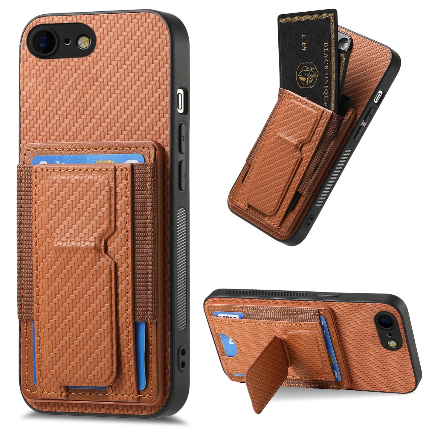iPhone 6 / 6s Carbon Fiber Fold Stand Elastic Card Bag Phone Case with Multi-Functional Wallet