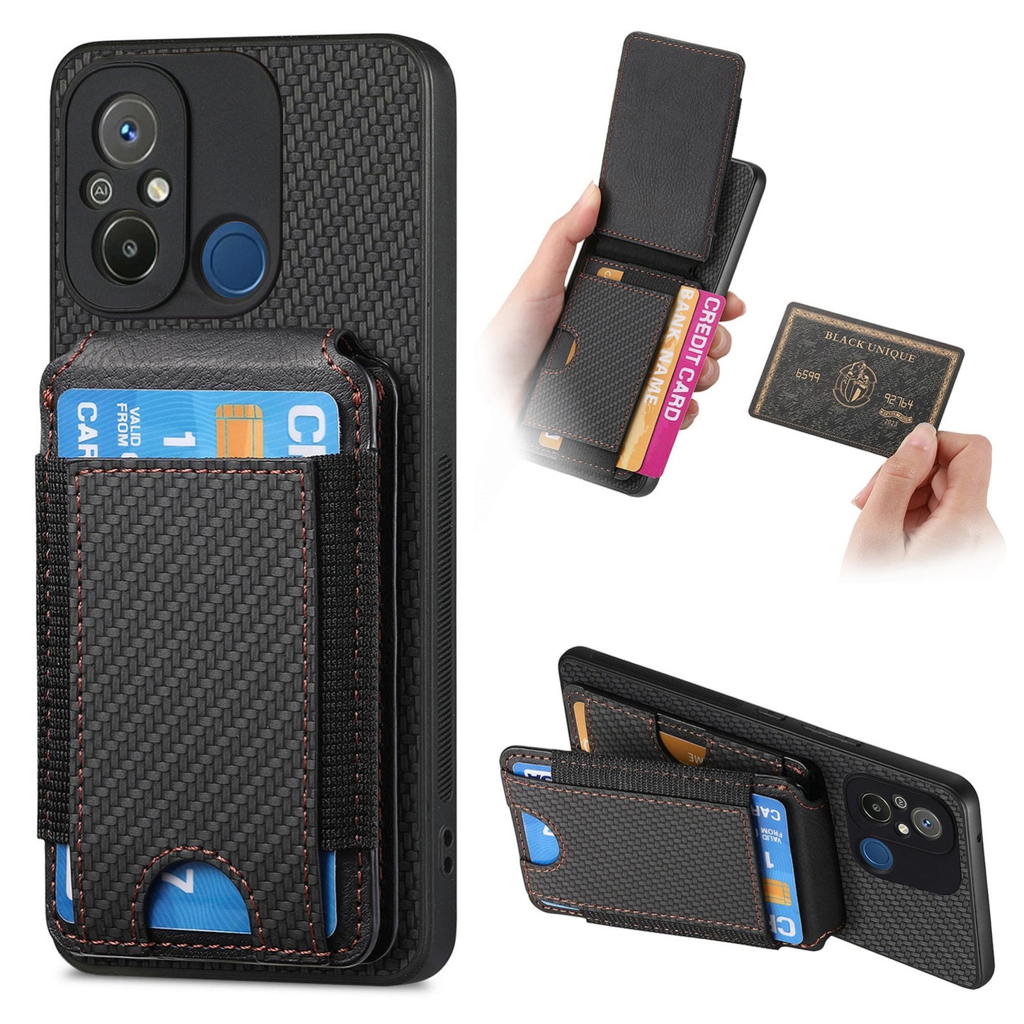 Xiaomi Redmi 12C Vertical Flip Wallet Stand Phone Case with Carbon Fibre Pattern