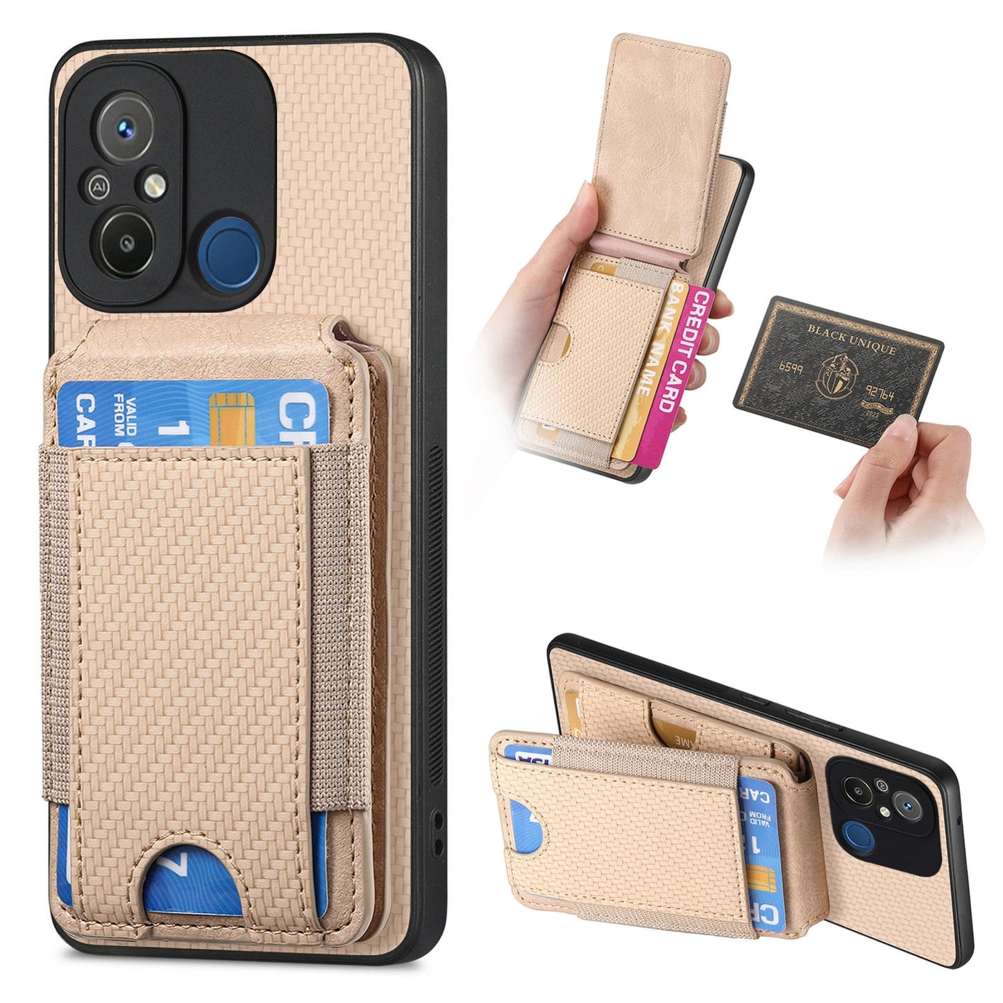 Xiaomi Redmi 12C Vertical Flip Wallet Stand Phone Case with Carbon Fibre Pattern